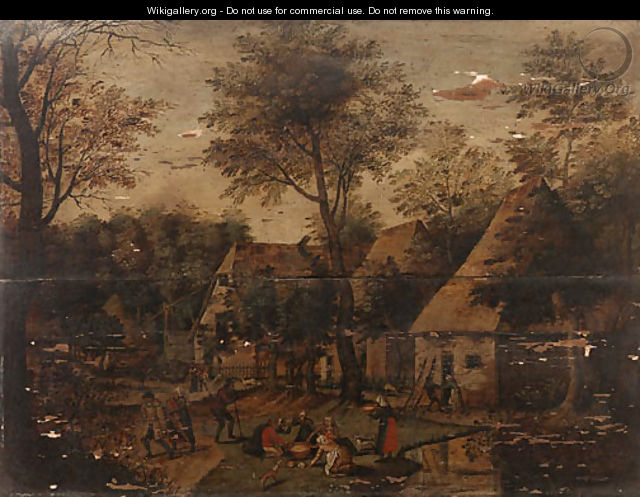 A wooded Landscape with Peasants in a Village - (after) Pieter Breughel II