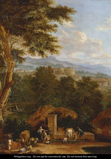 Drovers with cattle at a fountain in an Italianate landscape - (after) Pieter Bout