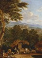 Drovers with cattle at a fountain in an Italianate landscape - (after) Pieter Bout
