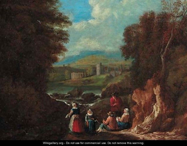 A wooded landscape with washerwomen at a riverside - (after) Pieter Bout
