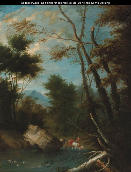 A wooded landscape with shepherds watering cattle and sheep at a pool - (after) Pieter Bout