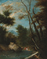 A wooded landscape with shepherds watering cattle and sheep at a pool - (after) Pieter Bout