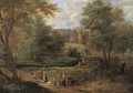 A Wooded River Landscape With Travellers On A Path And Anglers By A River, A Town Beyond - (after) Pieter Bout