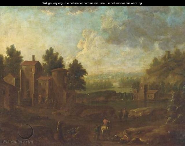 A river landscape with figures on a track, a village beyond - (after) Pieter Bout