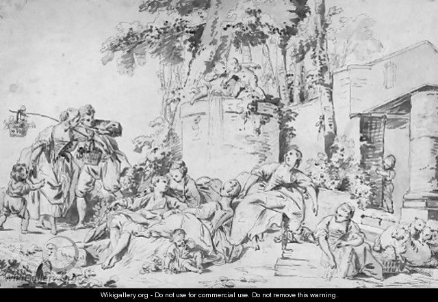 Shepherds resting by a fountain - (after) Pierre Lelu