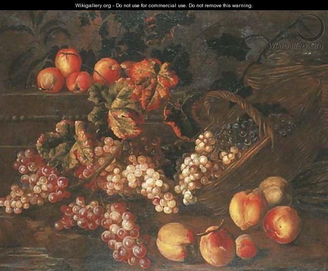 Grapes, peaches and baskets by a stone plinth - (after) Pierre Dupuis