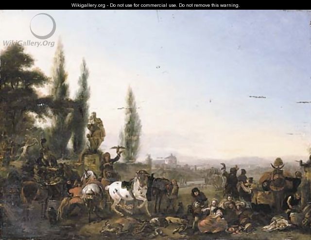 The repose of a hawking party by a walled garden, a landscape beyond - (after) Philips Wouwerman