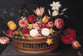 Tulips, roses, lilies, a peony, forget-me-nots, anemone and other flowers with a butterfly in a basket, on a stone ledge - (after) Phillipe De Marlier