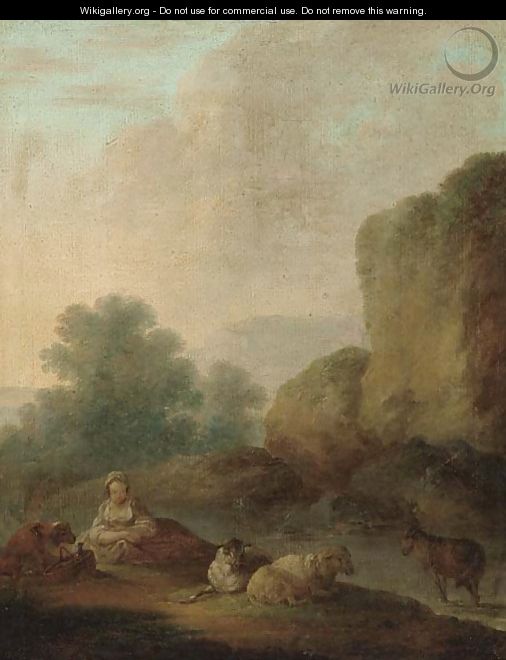 A river landscape with a shepherdess resting with her flock - (attr.to) Loutherbourg, Philip James de