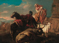 Drovers with a donkey, goat and cattle in an Italianate landscape - (after) Philipp Peter Roos