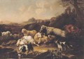 A shepherd resting with sheep, goats, a cow and a dog in an Italianate landscape - (after) Philipp Peter Roos