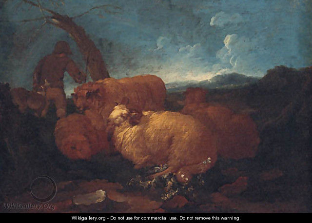 A shepherd and sheep in a landscape - (after) Philipp Peter Roos