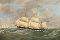 The Hamburg barque Nurn America under reduced sail and running down the coast - (after) Richard B. Spencer