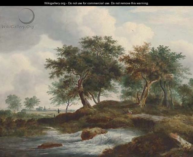 Figures resting by a river in a Dutch landscape - (after) Ramsay Richard Reinagle