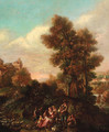 An Italianate landscape with shepherds making music by a river, a hilltop town beyond - (after) Pietro Domenico Oliviero
