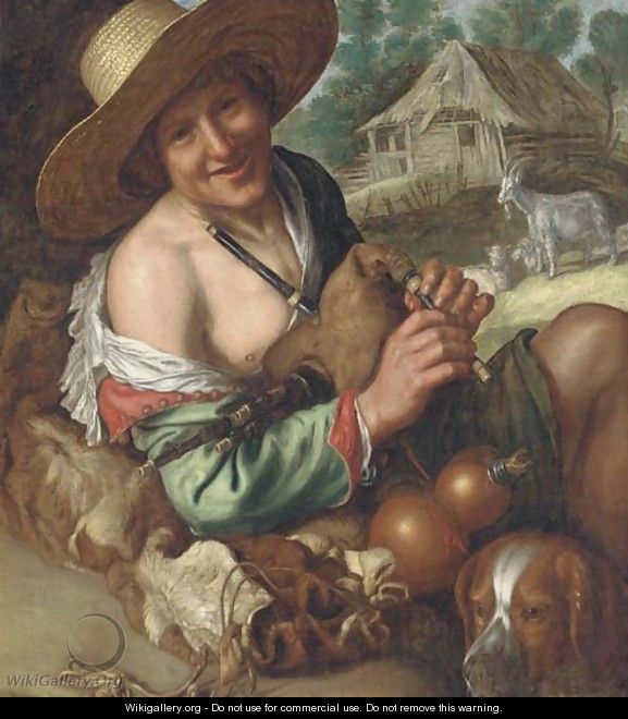 A shepherd piper with his mastiff before a shed - (after) Peter Wtewael