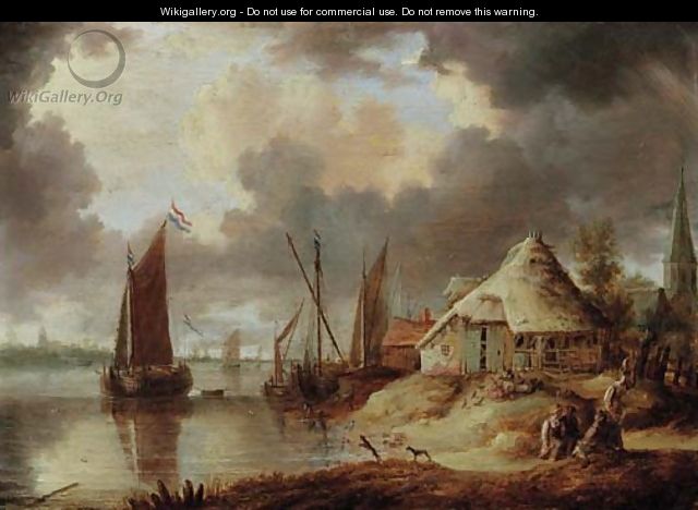 A river estuary with sailboats and peasants on a track near a thatched barn - (after) Peter Van Den Velde