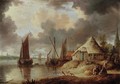 A river estuary with sailboats and peasants on a track near a thatched barn - (after) Peter Van Den Velde