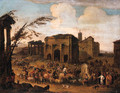 A Capriccio of a Roman Marketplace with Peasants and Levants at a Fountain - (after) Pieter Van Bredael