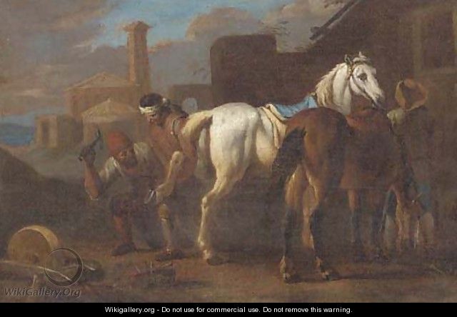 Farriers working on a horse in a village - (after) Pieter Van Bloemen