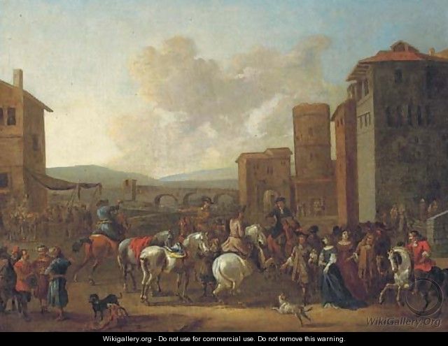 An Italianate town with horsemen, elegant figures and merchants, a bridge beyond - (after) Pieter Van Bloemen