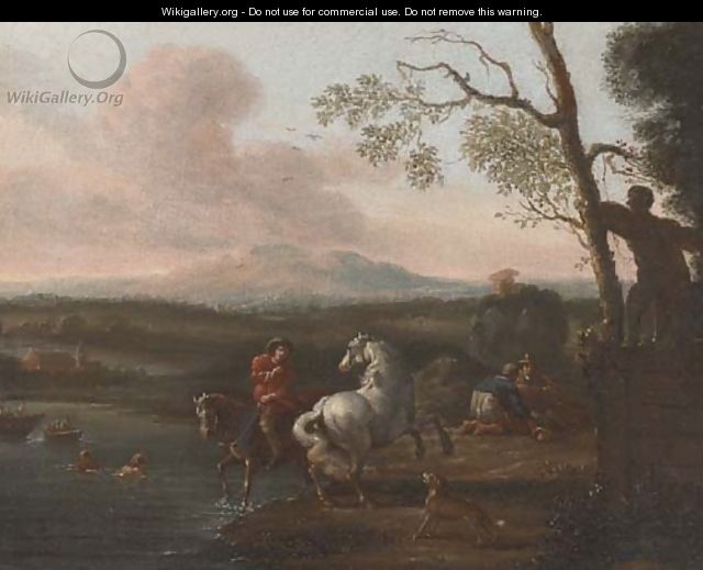 A riverside landscape with bathers and a horseman; and Figures at halt before a military encampment - (after) Pieter Van Bloemen