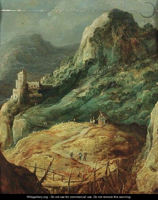 A mountainous landscape with travellers by a hut and a shepherd in a pasture - (after) Joos De Momper