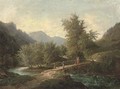 A mountainous wooded river landscape with a figure crossing a bridge - (after) John O