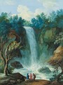 Figures and a dog standing before a waterfall - (after) John Laporte