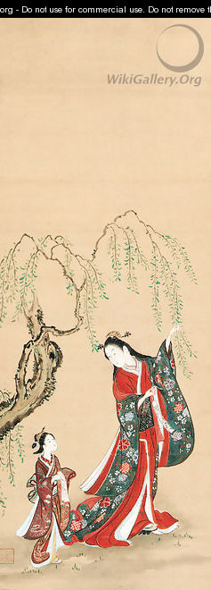 Courtesan hanging a poem slip on a willow branch - (after) Kawamata Tsunetatsu
