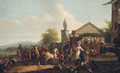 A hunting party halting by a fountain outside a villa - (after) Carel Van Falens Or Valen