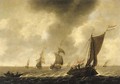 A wijdschip sailing before the wind with fishermen in a rowing boat, other shipping beyond, in choppy waters - (after) Jan Porcellis