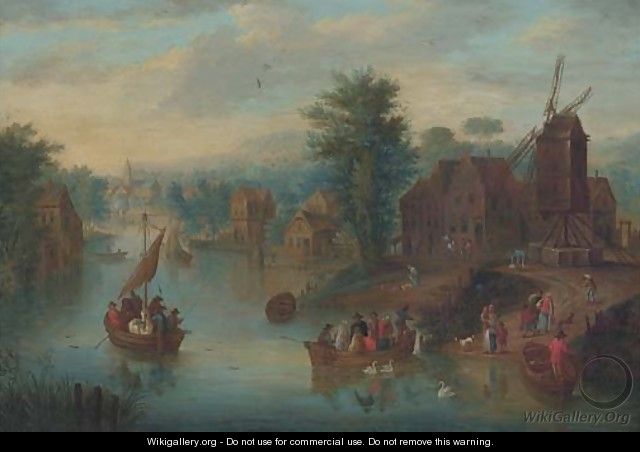 A riverside town with peasants crossing a river - (after) Joseph Van Bredael