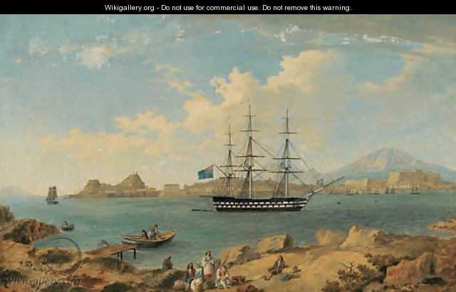A British second rate ship of the line, flying the ensign of an admiral of the blue squadron, at anchor off Corfu - (after) Joseph Schranz