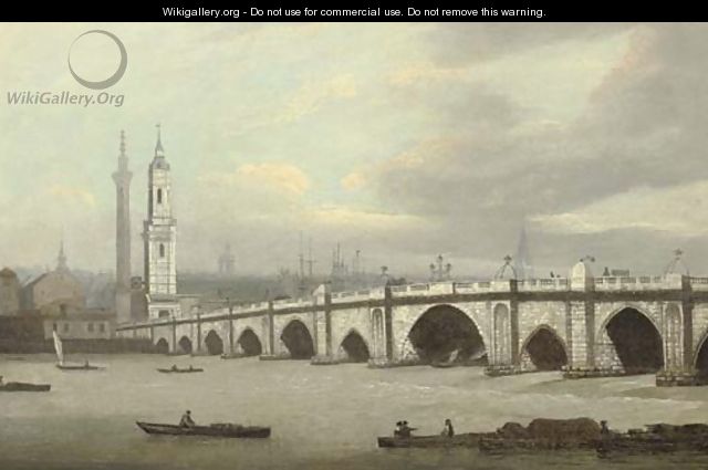 View of London Bridge, with the church of St. Magnus and the Monument beyond - (after) Farington, Joseph