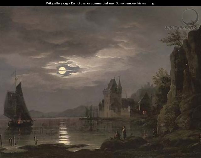 A moonlit river landscape with figures on the shore, shipping beyond - (after) Louis Johann Ludwig Catoir