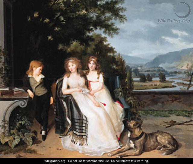 Portrait of a lady with two children and a dog on a terrace - (after) Louis Gauffie
