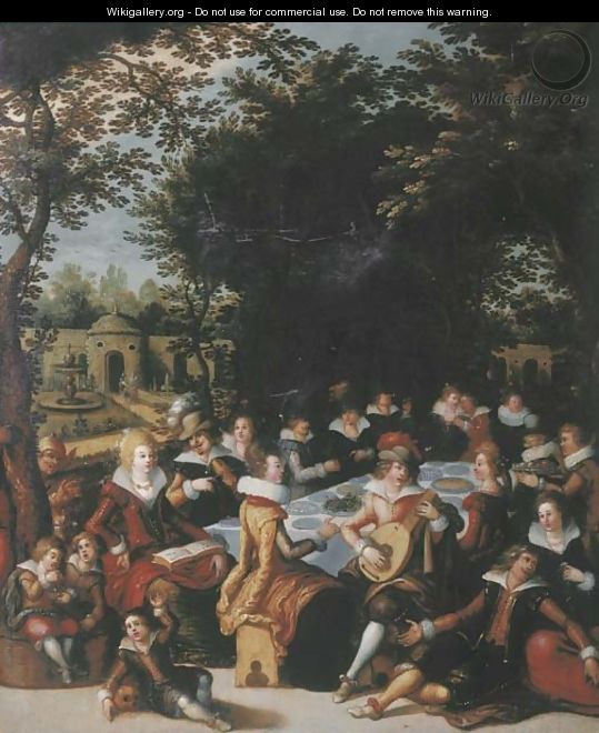 Elegant company dining and making music in an ornamental garden - (after) Louis De Caullery