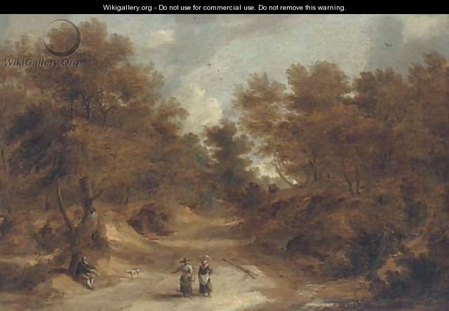 A wooded landscape with peasants on a path - (after) Lodewijk De Vadder