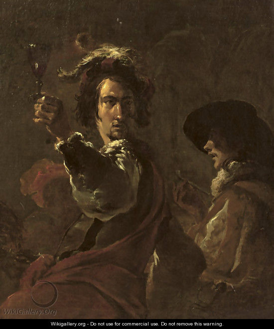 Two soldiers drinking and smoking - (after) Leonaert Bramer