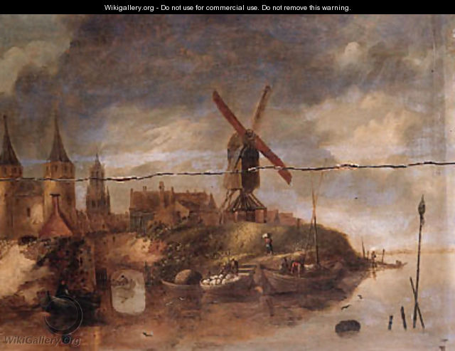 A fortified town on a river with fishermen in rowing boats unloading the catch near a landing stage - (after) Claes Molenaar (see Molenaer)