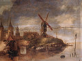 A fortified town on a river with fishermen in rowing boats unloading the catch near a landing stage - (after) Claes Molenaar (see Molenaer)