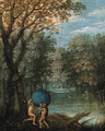 A wooded river landscape with Atlas passing the World to Hercules - (after) Marten Ryckaert