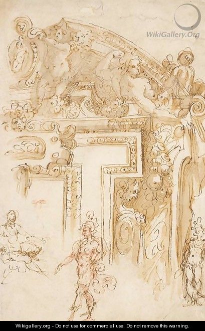 Studies of part of an elaborate overdoor and of three figures - (after) Marco Marchetti, Called Marco Da Faenza
