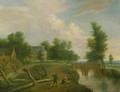 A traveller conversing with a peasant woman on a riverbank by a footbridge, farmhouses beyond - (after) Marc Baets