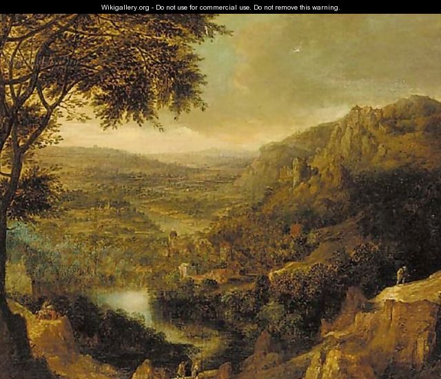 A Rhenish landscape with peasants on mountain tracks - (after) Jan Griffier I