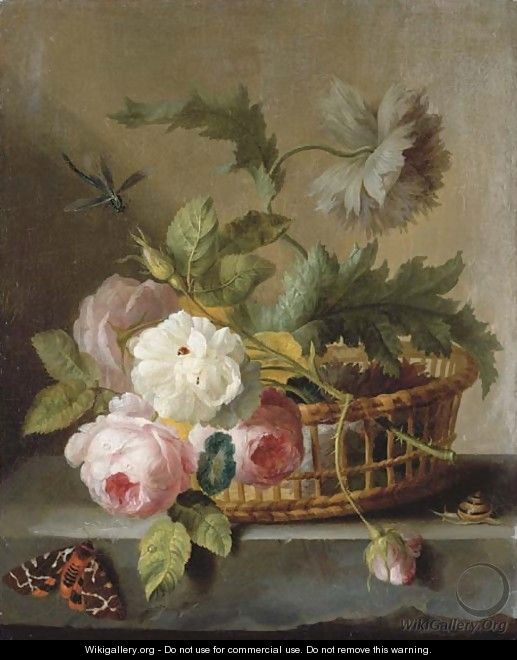 Roses and morning glory in a basket on a stone ledge - (after) Jan Frans Van Dael