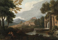 An Italianate Landscape with a Fountain and Philosophers resting in the foreground - (after) An Frans Van Orizzonte (see Bloemen)