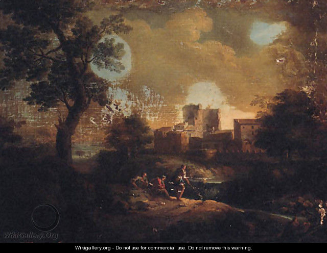 An Italianate landscape with travellers on a path overlooking a villa on a river - (after) An Frans Van Orizzonte (see Bloemen)