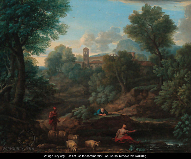 A landscape with a shepherd and sheep at a stream, a village beyond - (after) An Frans Van Orizzonte (see Bloemen)